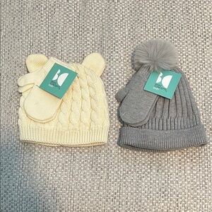 Cozy Kids Knit Hat and Mittens Set - Cream and Gray